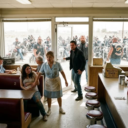 ” Waitress Saved a Hell’s Angels Boss’s Pregnant Wife — Then 70 Bikers Made Her Untouchable………” She was wiping down tables in a quiet diner when a bruised pregnant woman sprinted inside, eyes wide, lip bleeding, whispering, “Please help me!” Before Elena could react, the woman’s husband kicked the door open so hard the window shook. He demanded his wife back, he threatened anyone who stood in his way.